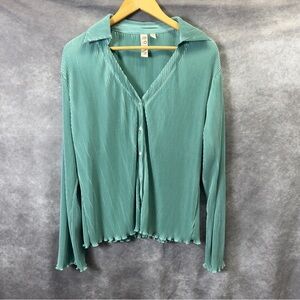 Anthropologie Dolan Accordion Bell Sleeve Hem Button Down Blouse Size XL Teal